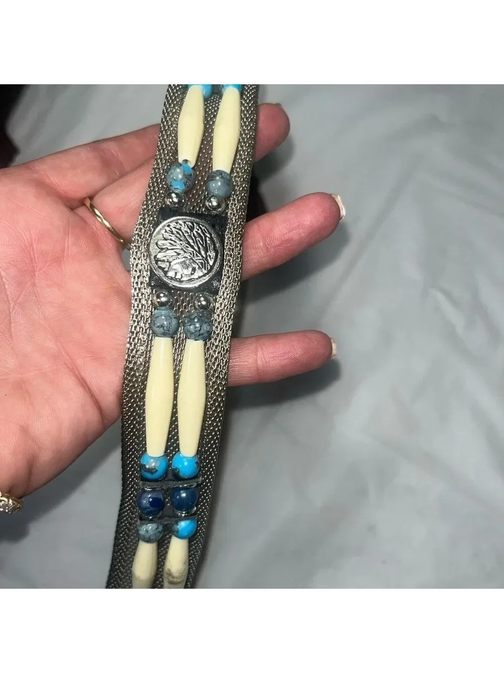 Vintage silver mesh belt embellished with beads motifs 80s native American style